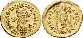 Basiliscus, 475-476. Solidus (Gold, 20.5 mm, 4.47 g, 6 h), Constantinople, early-mid 475. D N bASILIS-CUS P P AVG Diademed, helmeted and cuirassed bus...