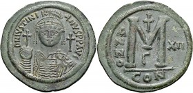 Justinian I, 527-565. 40 Nummia or Follis (Bronze, 41 mm, 22.63 g, 7 h), Constantinople, RY 12 = 538/539. D N IVSTINI - ANVS P P AVC Diademed, helmete...