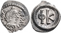 Phocas, 602-610. Heavy 1/8 Siliqua (Silver, 11 mm, 0.43 g, 5 h), Ravenna. D N FOCA - S P P AVC Diademed and draped bust of Phocas to right, unbearded ...