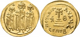 Heraclius, with Heraclius Constantine and Heraclonas, 610-641. Solidus (Gold, 22 mm, 4.49 g, 7 h), Constantinople, indiction year 9 = 635/6. From left...
