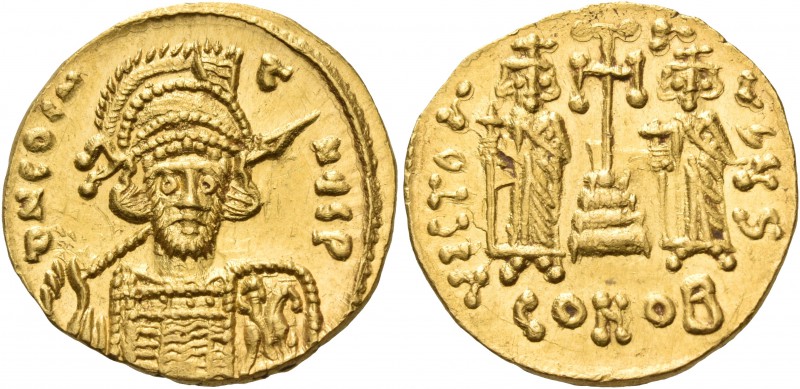 Constantine IV Pogonatus, with Heraclius and Tiberius, 668-685. Solidus (Gold, 1...