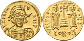 Constantine IV Pogonatus, with Heraclius and Tiberius, 668-685. Solidus (Gold, 18 mm, 4.49 g, 6 h), class III, Constantinople, 6th officina, 674-681. ...