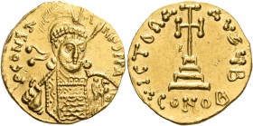 Constantine IV Pogonatus, 668-685. Solidus (Gold, 18 mm, 4.36 g, 6 h), Constantinople, 2nd officina, 681-685. P CONSTANUS P P A Helmeted, diademed and...