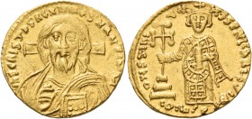 Justinian II, first reign, 685-695. Solidus (Gold, 19 mm, 4.42 g, 6 h), Constantinople, 692-695. IhS CRISTDS REX REGNANTIuM Draped bust of Christ faci...