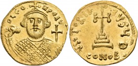 Leontius, 695-698. Solidus (Gold, 20 mm, 4.34 g, 6 h), Constantiople, 9th officin. D LEO - N PE AV Crowned bust of Leontius facing, holding akakia in ...