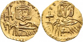 Nicephorus I, with Stauracius, 802-811. Solidus (Gold, 20 mm, 4.24 g, 7 h), Syracuse, 810-811. [N-]I-FoRos bA Bearded, facing bust of Nicephorus I, we...