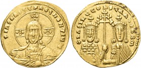 Basil II Bulgaroktonos, with Constantine VIII, 976-1025. Histamenon nomisma (Gold, 23 mm, 4.40 g, 6 h), Constantinople, 989-1001. +IhS XIS REX REGNANT...