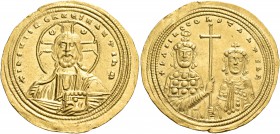 Basil II Bulgaroktonos, with Constantine VIII, 976-1025. Histamenon nomisma (Gold, 25 mm, 4.43 g, 7 h), Constantinople, 1001-1025. +IhS XIS REX REGNAN...