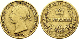 Australia. Victoria (1837-1901), 1/2 Sovereign 1860 (Sydney mint) (Gold, 3.78 gr, 19 mm). KM 3. Fine.