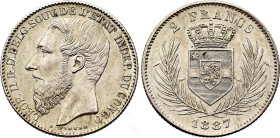 Belgian Congo. Leopold II (1865-1909), 2 Francs 1887 (Silver, 10.02 gr, 27 mm). KM 8. About Uncirculated.