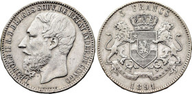 Belgian Congo. Leopold II (1865-1909), 5 Francs 1891 (Silver, 24.87 gr, 37 mm). KM 8.1. Very Fine.