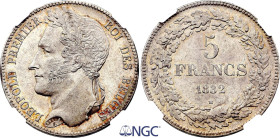 Belgium. Leopold I (1831-1865), 5 Francs 1832 Position A (Silver, 25.00 gr, 37 mm). Bogaert 8A, KM 3. NGC AU58