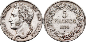 Belgium. Leopold I (1831-1865), 5 Francs 1832 Position A (Silver, 24.87 gr, 37 mm). Bogaert 8A, KM 3. Extremely Fine, traces of old cleaning.