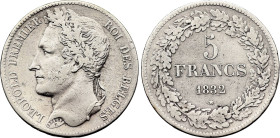 Belgium. Leopold I (1831-1865), 5 Francs 1832 Position B (Silver, 24.70 gr, 37 mm). Bogaert 8B, KM 3. Very Fine, cleaned.