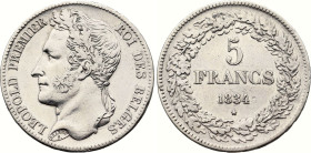 Belgium. Leopold I (1831-1865), 5 Francs 1834 Position B (Silver, 24.82 gr, 37 mm). Bogaert 82A, KM 3. Extremely Fine, cleaned.