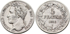 Belgium. Leopold I (1831-1865), 5 Francs 1838 Position B (Silver, 24.82 gr, 37 mm). Bogaert 153B, KM 3. Very Fine.