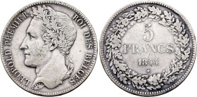 Belgium. Leopold I (1831-1865), 5 Francs 1844 Position B (Silver, 24.70 gr, 37 mm). Bogaert 206B, KM 3. Very Fine.