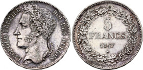 Belgium. Leopold I (1831-1865), 5 Francs 1847 (Silver, 25.02 gr, 37 mm). Dupriez 344, KM 3. About Uncirculated.