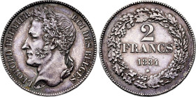 Belgium. Leopold I (1831-1865), 2 Francs 1834 Position B & /// (Silver, 10.00 gr, 27 mm). Bogaert 89B1, KM 9. About Uncirculated.