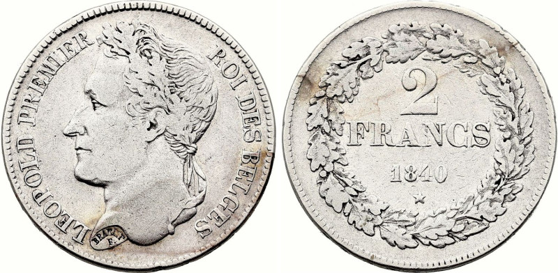 Belgium. Leopold I (1831-1865), 2 Francs 1840 Position A & \\\ (Silver, 9.84 gr,...