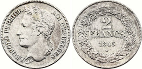 Belgium. Leopold I (1831-1865), 2 Francs 1843 Position A & /// (Silver, 9.82 gr, 27 mm). Bogaert 199A1, KM 9. Very Fine.