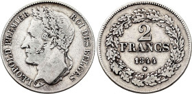 Belgium. Leopold I (1831-1865), 2 Francs 1844 Position B & /// (Silver, 9.85 gr, 27 mm). Bogaert 208B1, KM 9. Very Fine, cleaned.