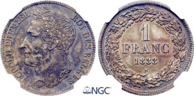 Belgium. Leopold I (1831-1865), 1 Franc 1833 (Silver, 5.00 gr, 23 mm). Dupriez 33, KM 7.1. NGC Genuine (UNC Details, Stained)