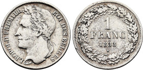 Belgium. Leopold I (1831-1865), 1 Franc 1833 (Silver, 4.80 gr, 23 mm). Dupriez 33, KM 7.1. Very Fine, cleaned.