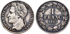 Belgium. Leopold I (1831-1865), 1 Franc 1835 (Silver, 4.96 gr, 23 mm). Dupriez 126, KM 7.1. Extremely Fine.