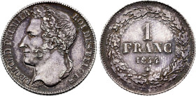 Belgium. Leopold I (1831-1865), 1 Franc 1844 (Silver, 4.97 gr, 23 mm). Bogaert 211B, KM 7.1. About Uncirculated, traces of old cleaning.