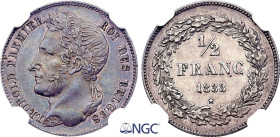 Belgium. Leopold I (1831-1865), 1/2 Franc 1833 (Silver, 2.50 gr, 18 mm). Dupriez 39, KM 6. NGC AU58