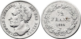 Belgium. Leopold I (1831-1865), 1/2 Franc 1833 (Silver, 2.42 gr, 18 mm). Dupriez 39, KM 6. Very Fine.