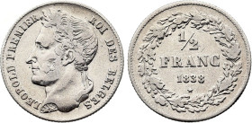 Belgium. Leopold I (1831-1865), 1/2 Franc 1838 (Silver, 2.48 gr, 18 mm). Dupriez 159, KM 6. Very Fine, cleaned.