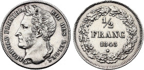 Belgium. Leopold I (1831-1865), 1/2 Franc 1843 (Silver, 2.51 gr, 18 mm). Dupriez 202, KM 6. Extremely Fine, cleaned.