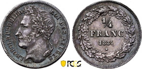 Belgium. Leopold I (1831-1865), 1/4 Franc 1834 (Silver, 1.27 gr, 15 mm). Dupriez 101, KM 8. PCGS MS61