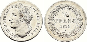 Belgium. Leopold I (1831-1865), 1/4 Franc 1834 (Silver, 1.25 gr, 15 mm). Dupriez 101, KM 8. About Uncirculated, cleaned.