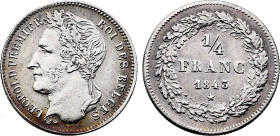 Belgium. Leopold I (1831-1865), 1/4 Franc 1843 (Silver, 1.26 gr, 15 mm). Dupriez 204, KM 8. About Uncirculated, traces of old cleaning.