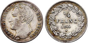 Belgium. Leopold I (1831-1865), 1/4 Franc 1844 (Silver, 1.25 gr, 15 mm). Dupriez 215, KM 8. Extremely Fine.