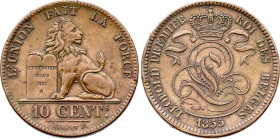 Belgium. Leopold I (1831-1865), 10 Centimes 1855 over 1835 (Copper, 19.81 gr, 32 mm). Dupriez 563, KM 2. Extremely Fine.