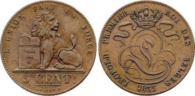 Belgium. Leopold I (1831-1865), 5 Centimes 1855 (Copper, 10.04 gr, 28 mm). Bogaert 565A, KM 5.1. Extremely Fine.