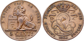 Belgium. Leopold I (1831-1865), 5 Centimes 1860 over 1850 (Copper, 9.84 gr, 28 mm). Dupriez 817, KM 5. Extremely Fine.