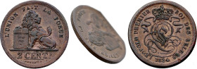 Belgium. Leopold I (1831-1865), "Flan épais" 2 Centimes 1834 (Copper, 4.43 gr, 22 mm). Dupriez 106, KM 4.1. About Uncirculated.