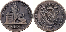 Belgium. Leopold I (1831-1865), 2 Centimes 1848 (Copper, 3.93 gr, 22 mm). Dupriez 389, KM 4.2. Fine.