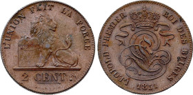 Belgium. Leopold I (1831-1865), 2 Centimes 1851 (Copper, 4.02 gr, 22 mm). Dupriez 518, KM 4.2. Extremely Fine.