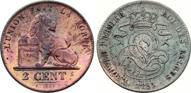 Belgium. Leopold I (1831-1865), 2 Centimes 1855 (Copper, 3.79 gr, 22 mm). Dupriez 565, KM 4.2. Extremely Fine.