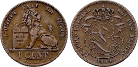 Belgium. Leopold I (1831-1865), 1 Centime 1844 (Copper, 2.04 gr, 17 mm). Dupriez 220, KM 1.2. Very Fine.