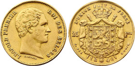 Belgium. Leopold I (1831-1865), 25 Francs 1848 (Gold, 7.86 gr, 22 mm). Dupriez 372, KM 13. Extremely Fine.