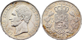 Belgium. Leopold I (1831-1865), 5 Francs 1865 over 1855 (Silver, 24.93 gr, 37 mm). Bogaert 928B, KM 17. Extremely Fine.