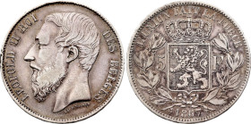 Belgium. Leopold II (1865-1909), 5 Francs 1867, Large head (Silver, 24.78 gr, 37 mm). Bogaert 1074B, KM 25. Very Fine.