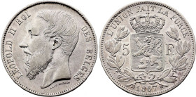 Belgium. Leopold II (1865-1909), 5 Francs 1867, Large head (Silver, 24.74 gr, 37 mm). Bogaert 1074B, KM 25. Very Fine.